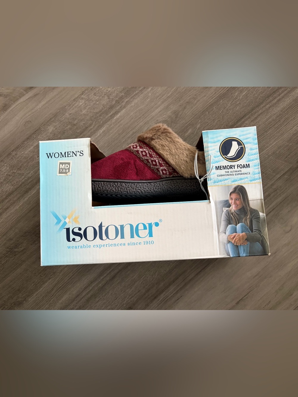 Isotoner Red and Beige Plush-Lined Slip-On Slippers